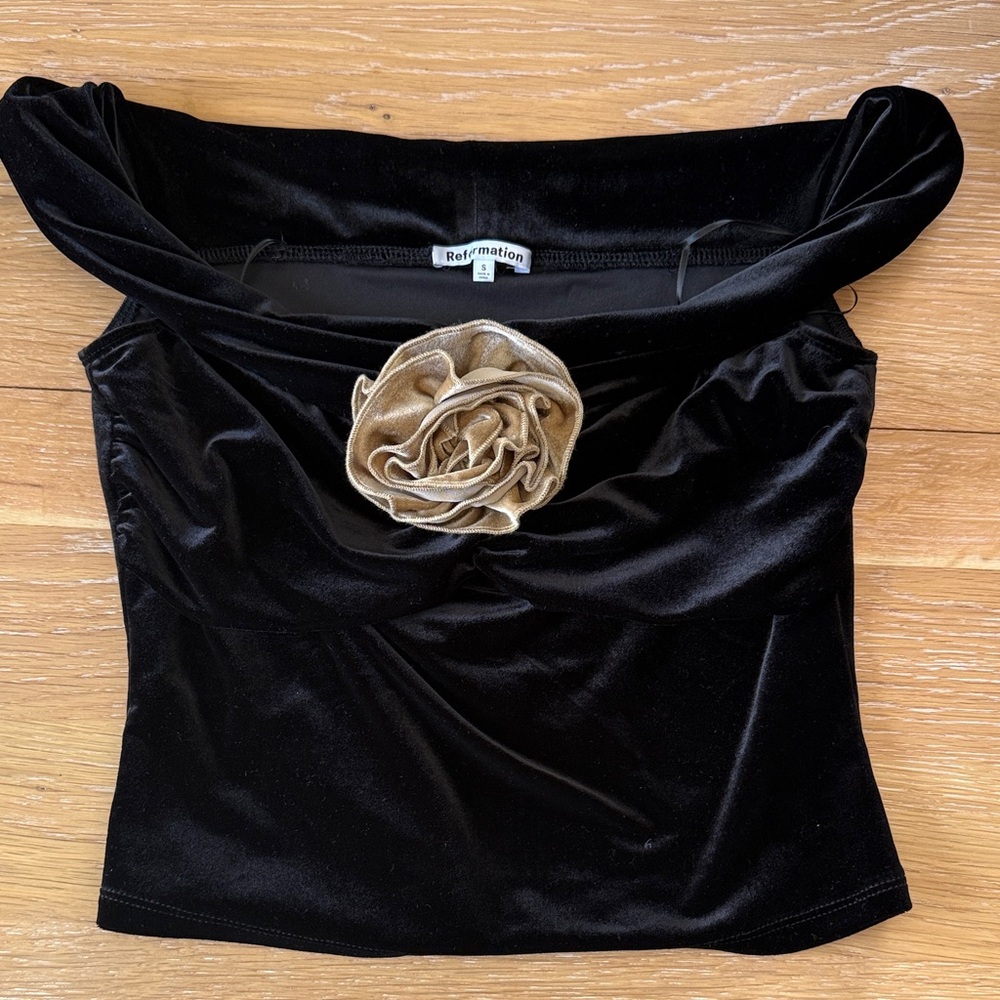 Reformation Black Velvet Crop Top with Gold Rose
